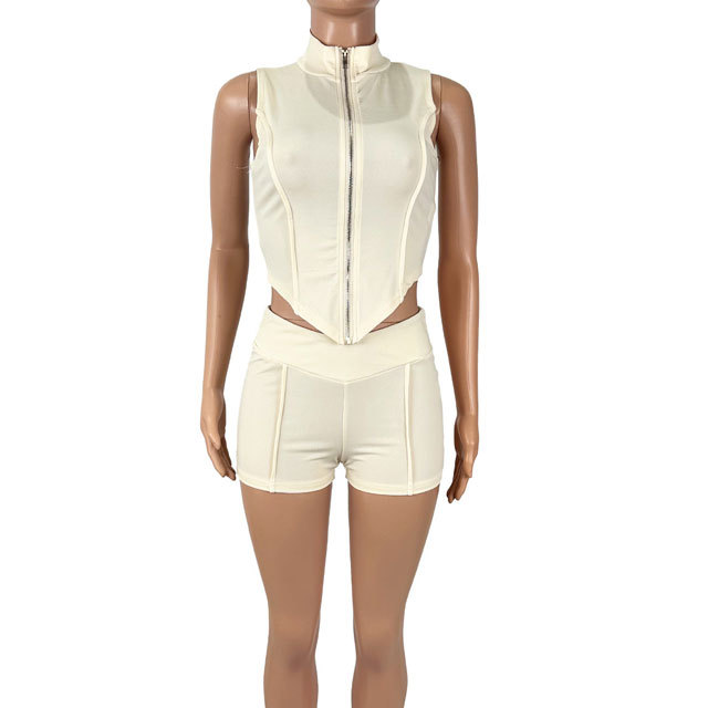 Solid Color Sleeveless Zipper Up Top Jogging Short Set