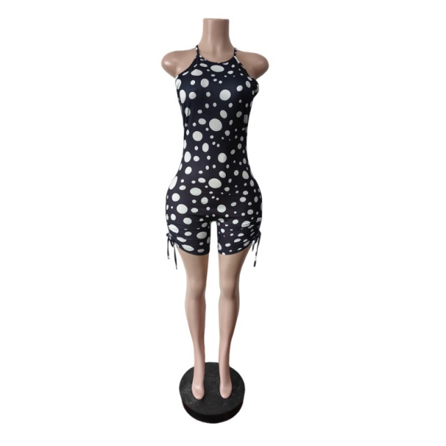 Polka Dot Print Halter Ruched Fitted Romper