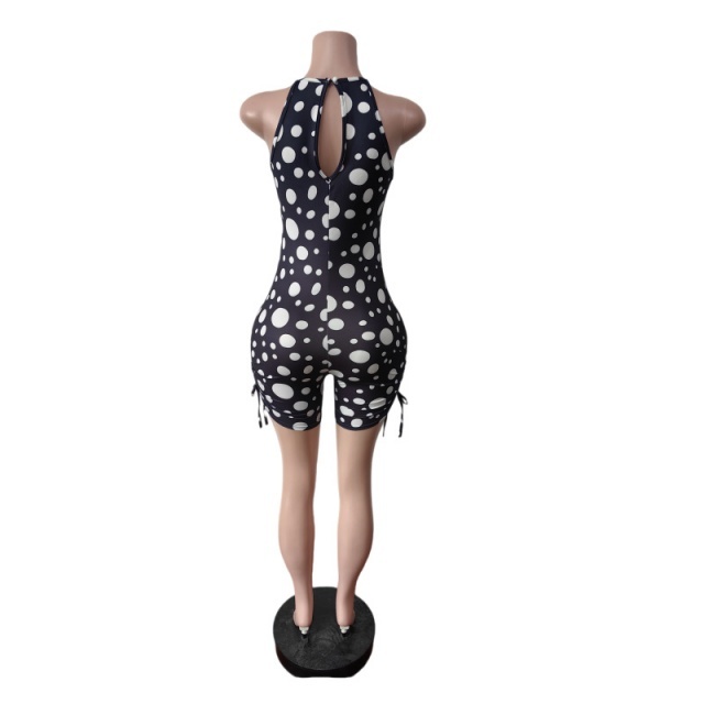 Polka Dot Print Halter Ruched Fitted Romper