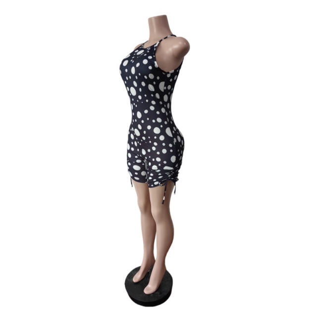 Polka Dot Print Halter Ruched Fitted Romper