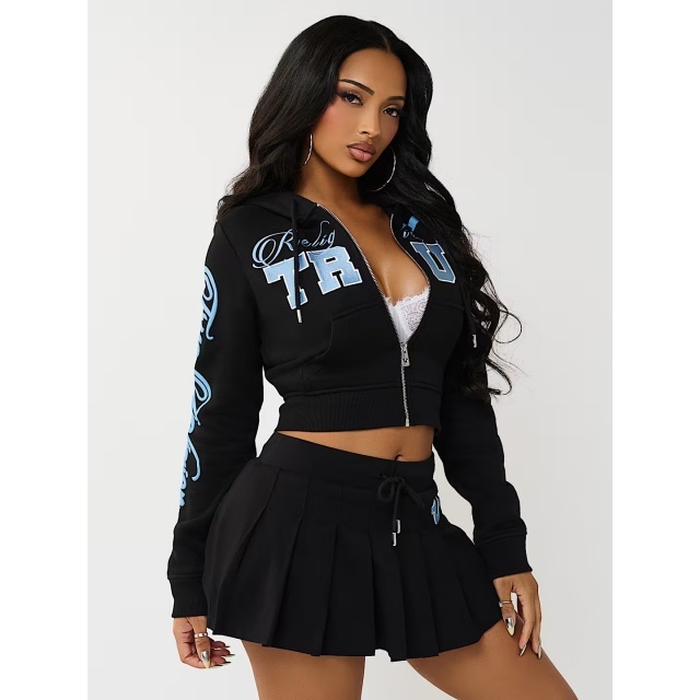 Printed Zipped Up Hoodies Jacket Top Pleated Skirt Set