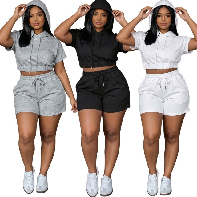 Solid Color Hooded Top Two Pieces Short Set