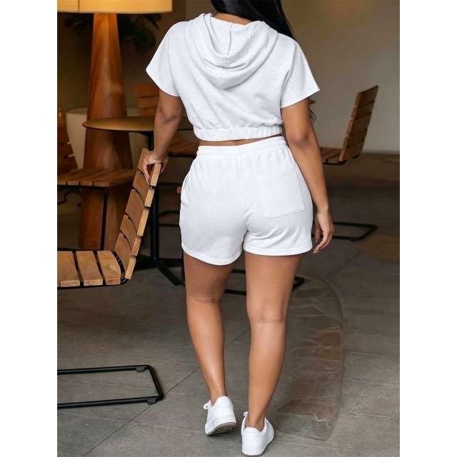 Solid Color Hooded Top Two Pieces Short Set