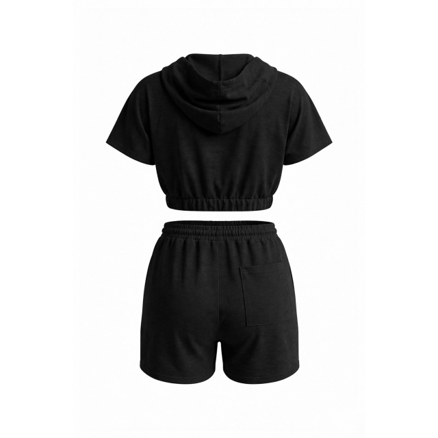 Solid Color Hooded Top Two Pieces Short Set