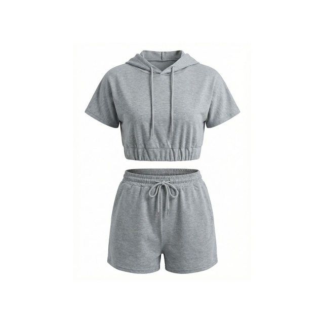 Solid Color Hooded Top Two Pieces Short Set