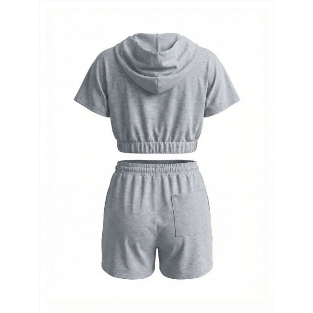 Solid Color Hooded Top Two Pieces Short Set