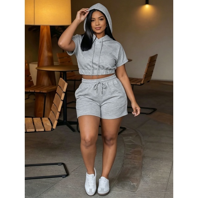 Solid Color Hooded Top Two Pieces Short Set