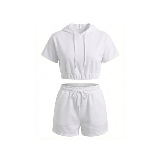 Solid Color Hooded Top Two Pieces Short Set