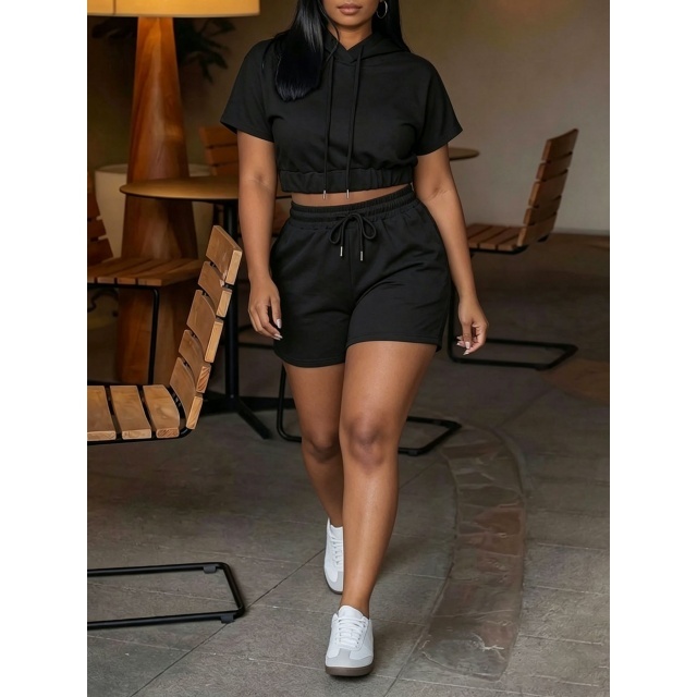Solid Color Hooded Top Two Pieces Short Set
