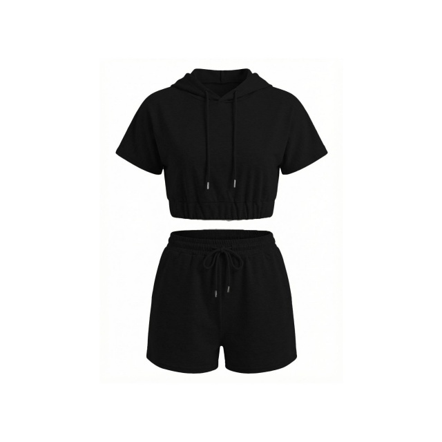 Solid Color Hooded Top Two Pieces Short Set