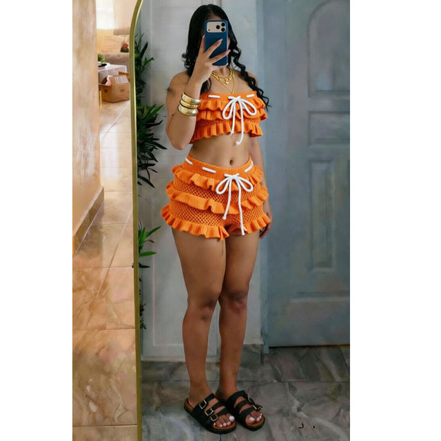 Crochet Off Shoulder Tube Top Ruffle Short set