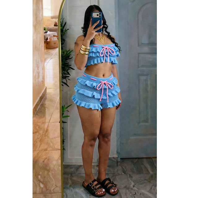 Crochet Off Shoulder Tube Top Ruffle Short set
