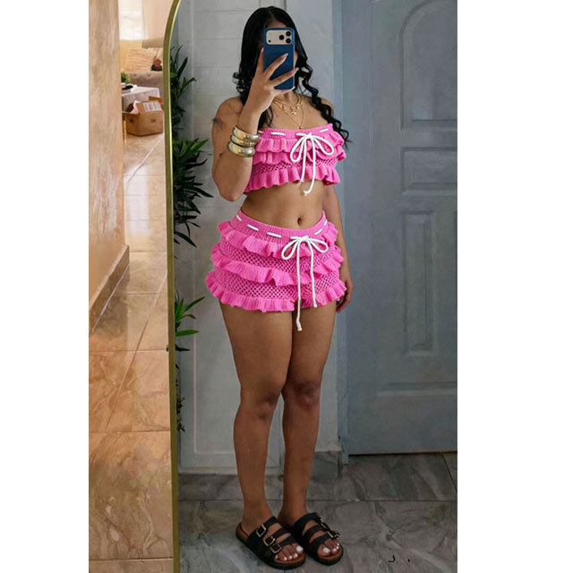 Crochet Off Shoulder Tube Top Ruffle Short set