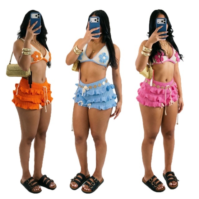 Knitted Crochet Ruffle Short set