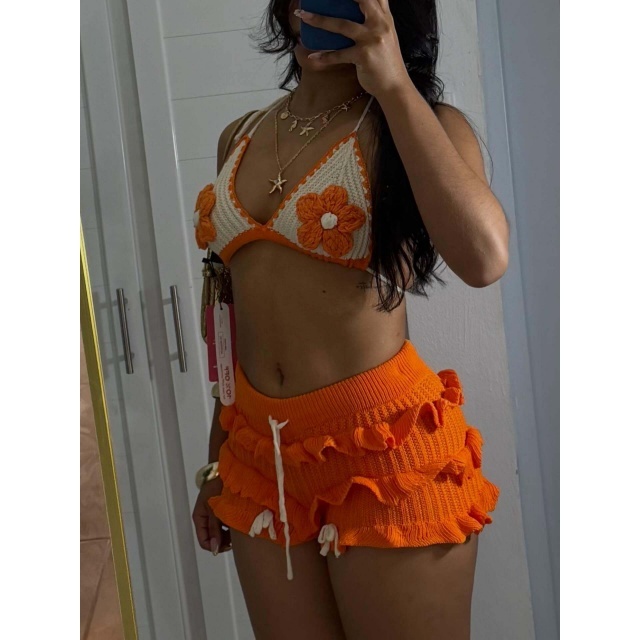 Knitted Crochet Ruffle Short set
