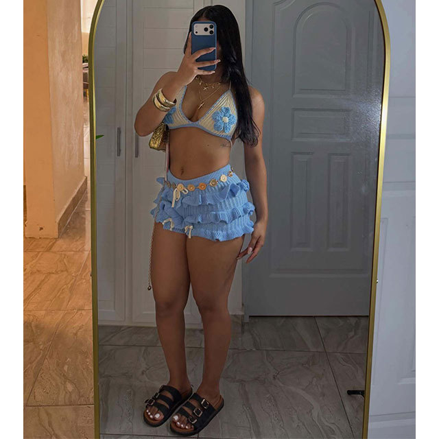 Knitted Crochet Ruffle Short set