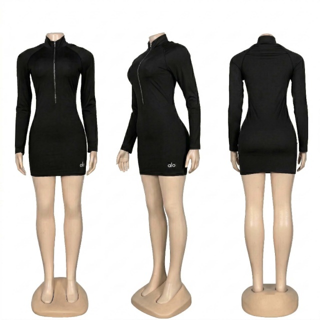 Solid Color Long Sleeve Zipper Up Slim Fit Dress