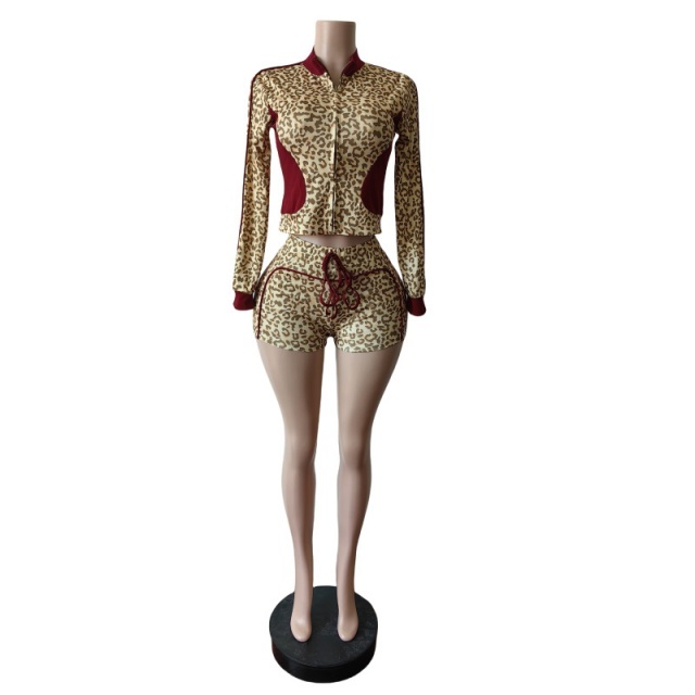Leopard Printed Color Block Jacket Top 2 Pieces Short Set