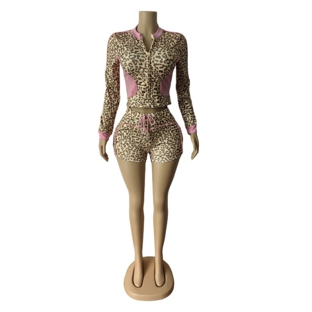 Leopard Printed Color Block Jacket Top 2 Pieces Short Set