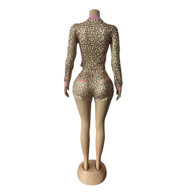 Leopard Printed Color Block Jacket Top 2 Pieces Short Set
