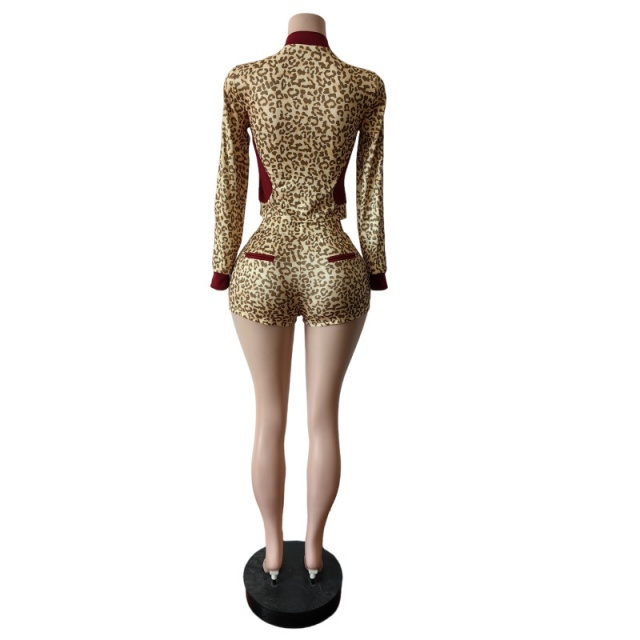 Leopard Printed Color Block Jacket Top 2 Pieces Short Set