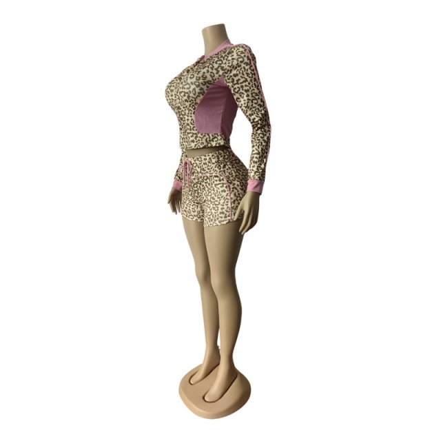 Leopard Printed Color Block Jacket Top 2 Pieces Short Set