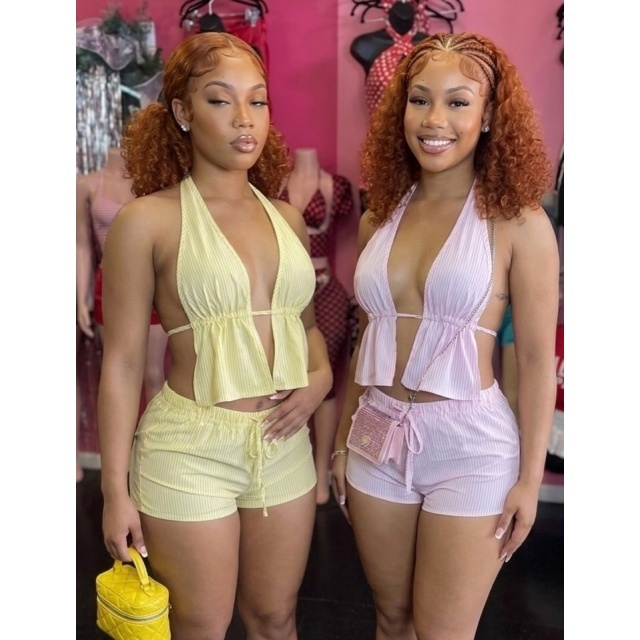 Striped Printed Halter Neck Laced Up Short Set