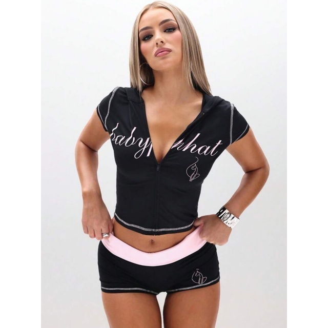 Letters Printed Hooded Top Two Pieces Short Set