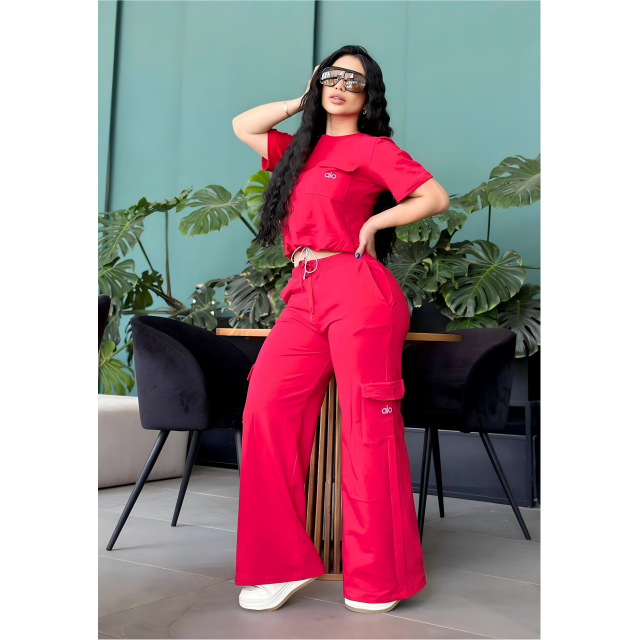 Embroidery Letters Wide Legs Pant Set
