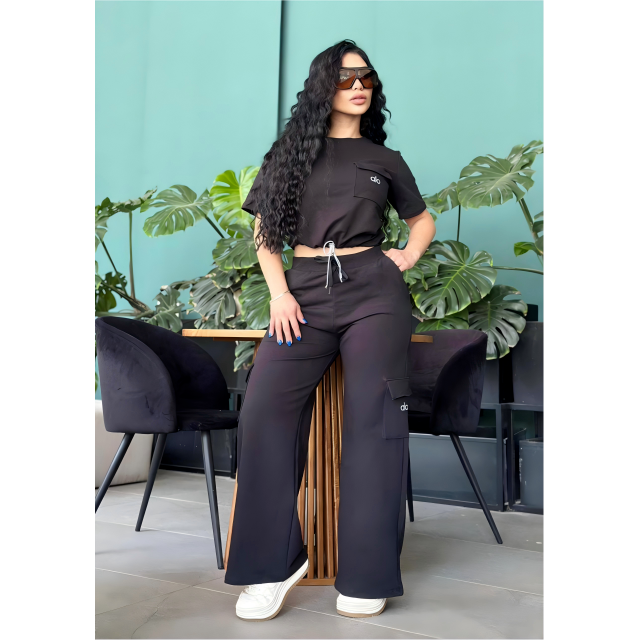 Embroidery Letters Wide Legs Pant Set