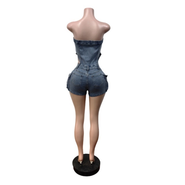Off Shoulder Strapless Denim Romper