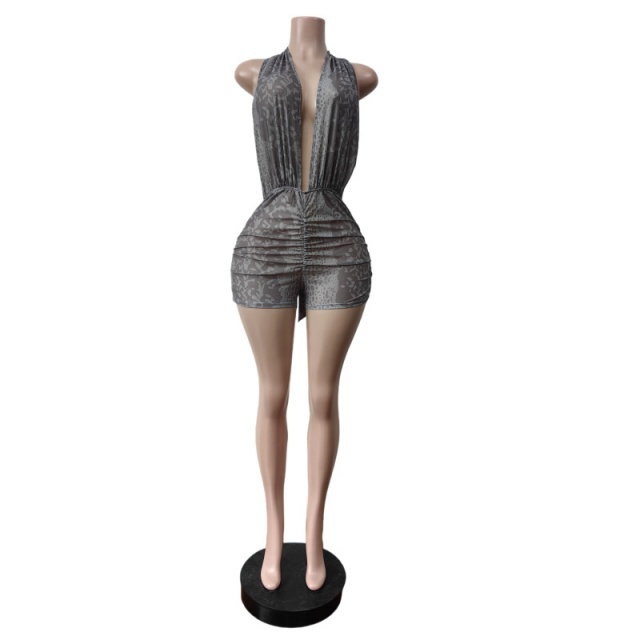 Printed Plunging V Neck Backless Romper