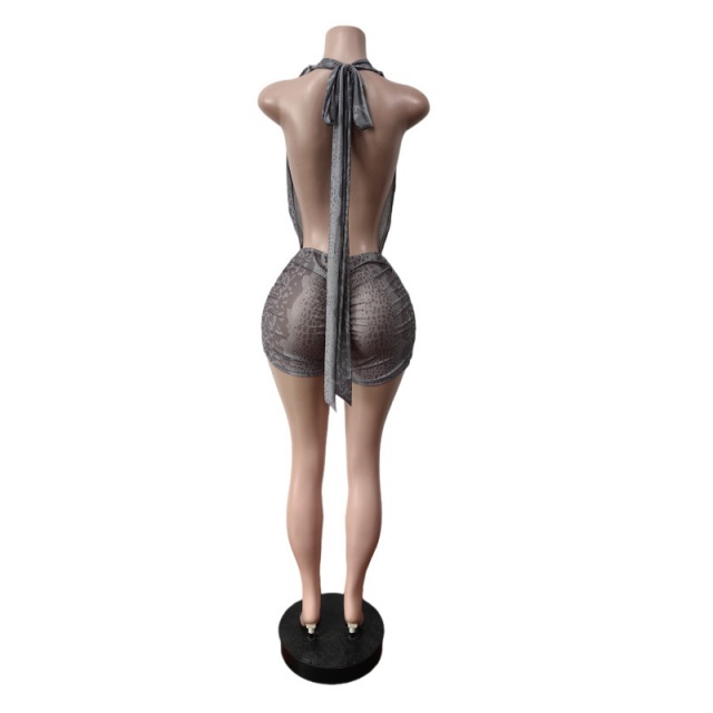 Printed Plunging V Neck Backless Romper