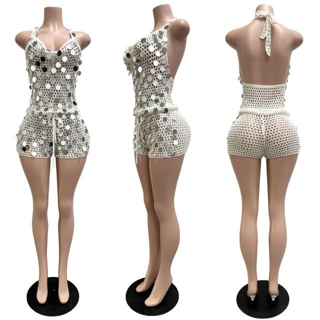 Sequined Crochet Hollow Out Beachwear Short Set