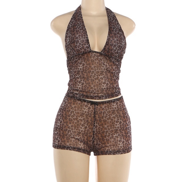 Breathable Leopard Printed Halter Top Mini Short Set