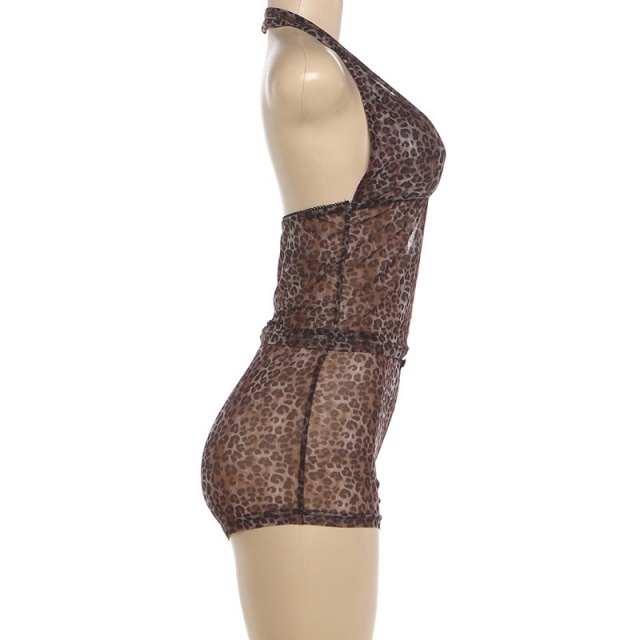 Breathable Leopard Printed Halter Top Mini Short Set