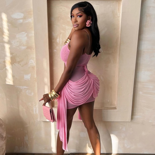 Ruched Sheer Crop Cami Bodycon Dress