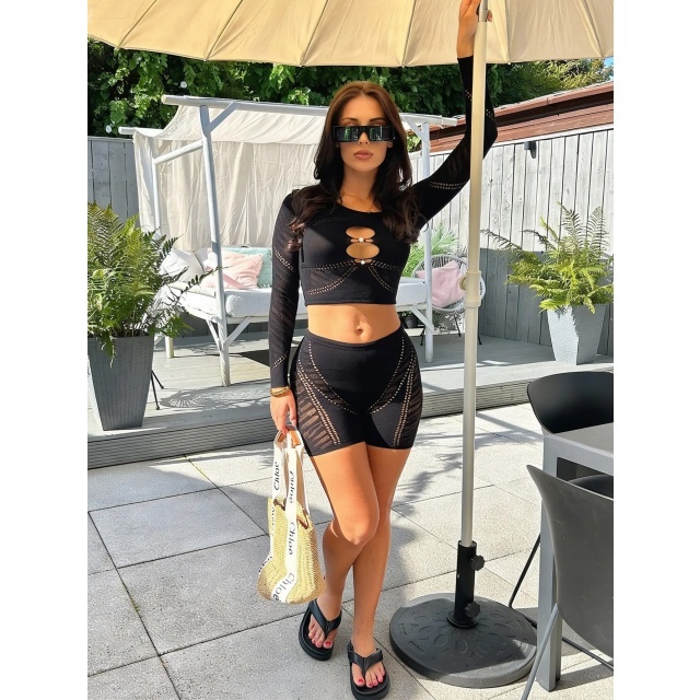 Off Shoulder Hollow Out Crop Top Lingerie Short Set