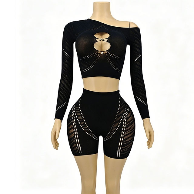 Off Shoulder Hollow Out Crop Top Lingerie Short Set