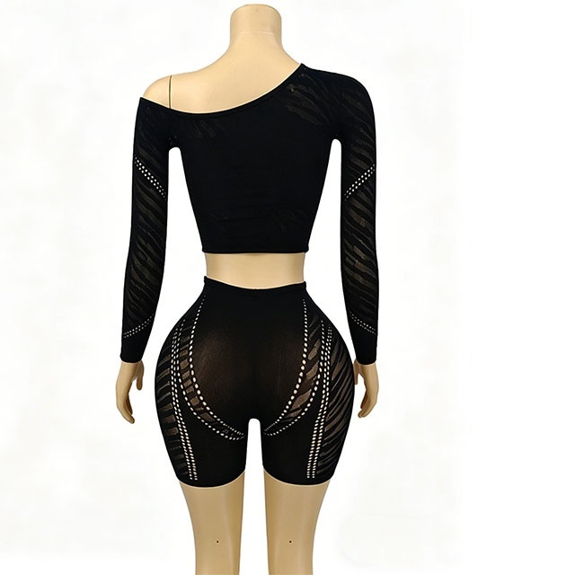 Off Shoulder Hollow Out Crop Top Lingerie Short Set