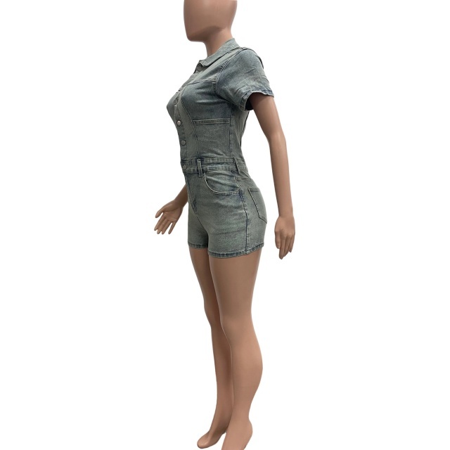 High Elastic Buttons Down Washed Denim Romper