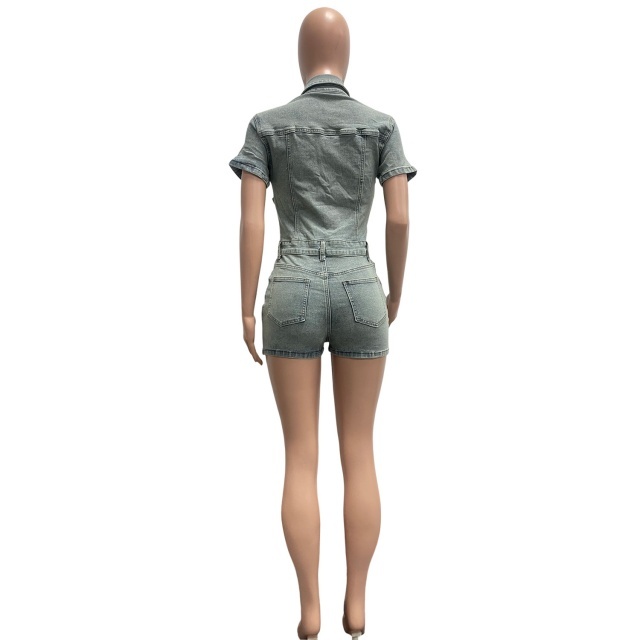 High Elastic Buttons Down Washed Denim Romper