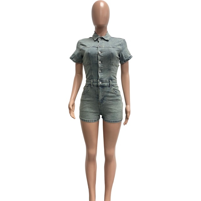 High Elastic Buttons Down Washed Denim Romper