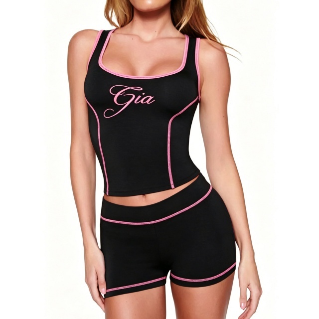 Letters Printed Tank Top Slim Fit Short Set