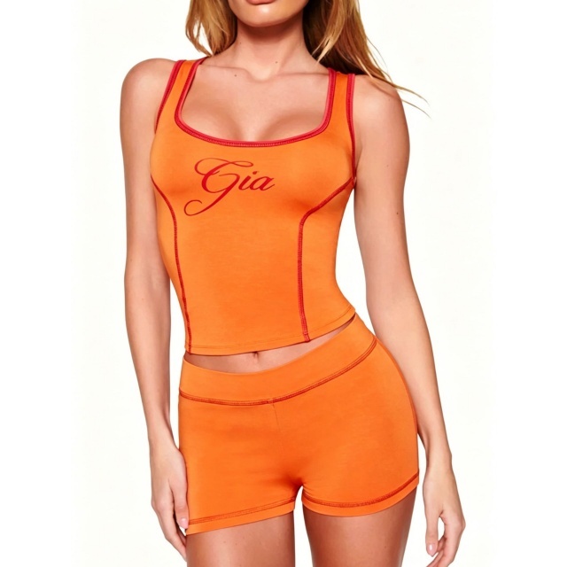 Letters Printed Tank Top Slim Fit Short Set