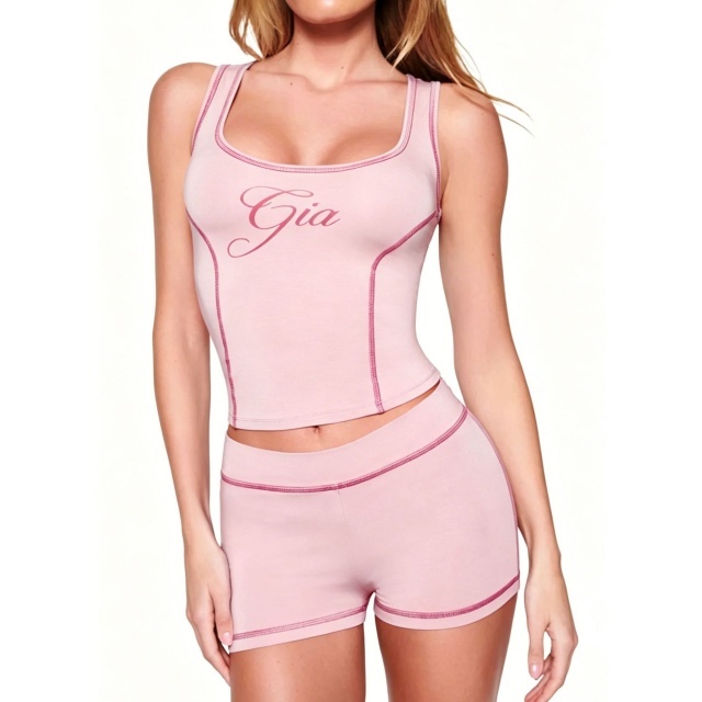 Letters Printed Tank Top Slim Fit Short Set