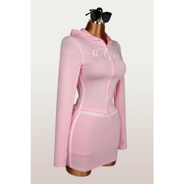 Printed Hooded Top Slim Fit Skirt Short Set