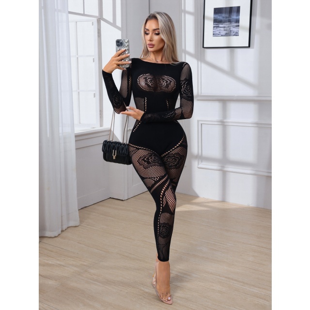 Rose Hollow Out Slim Fit Lingerie Jumpsuit