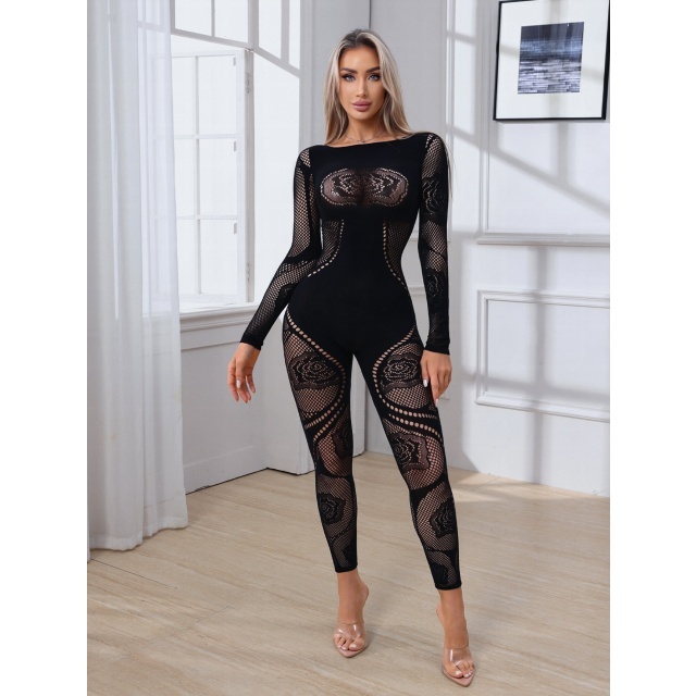 Rose Hollow Out Slim Fit Lingerie Jumpsuit