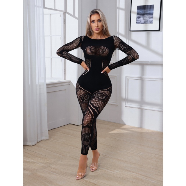 Rose Hollow Out Slim Fit Lingerie Jumpsuit
